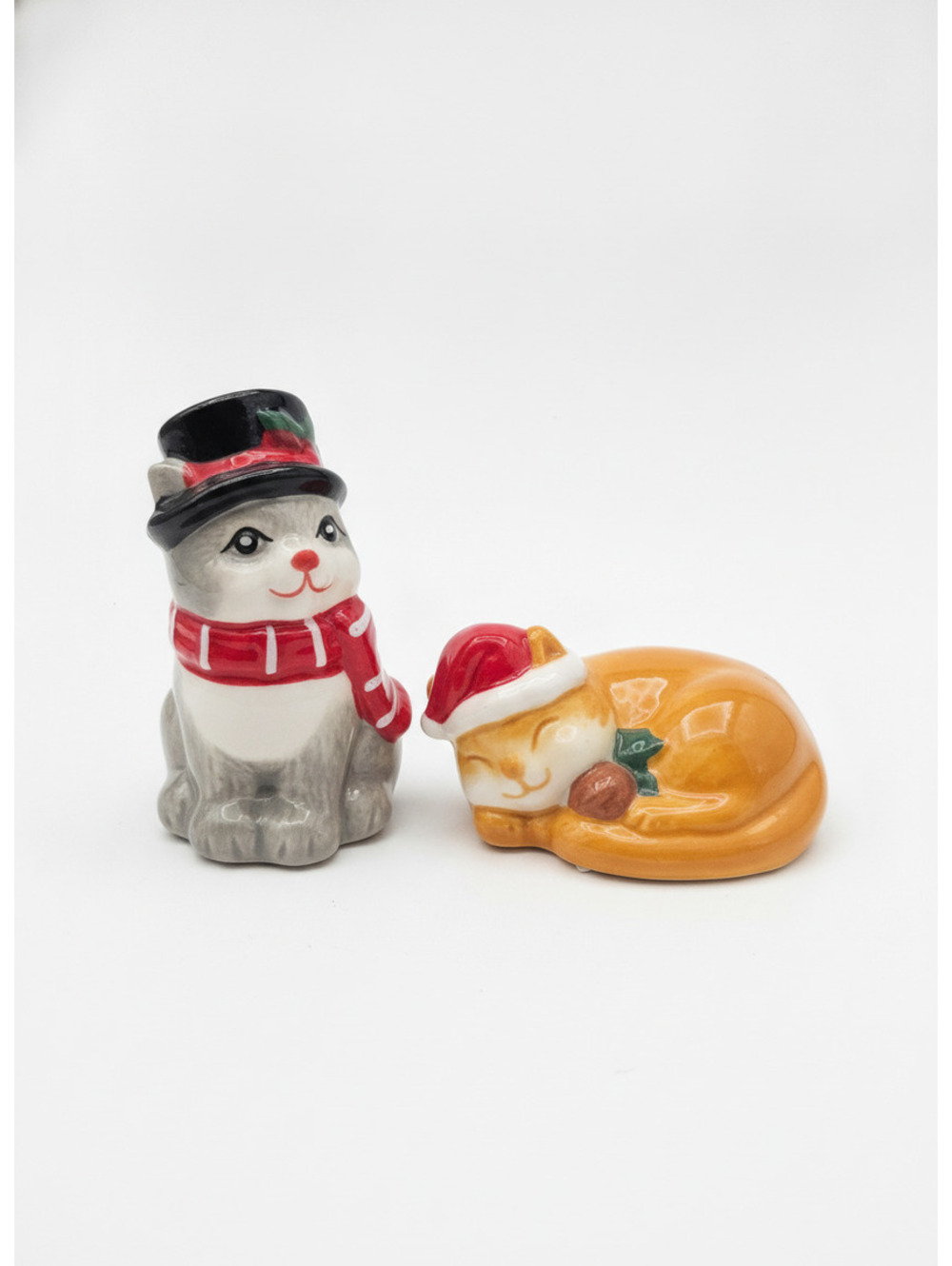 Vintage Ceramic Cat Salt and Pepper Shakers with Holiday Theme